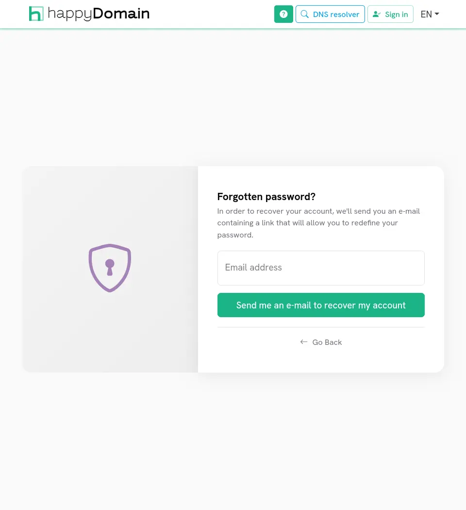 La page de récupération de mot de passe d'happyDomain