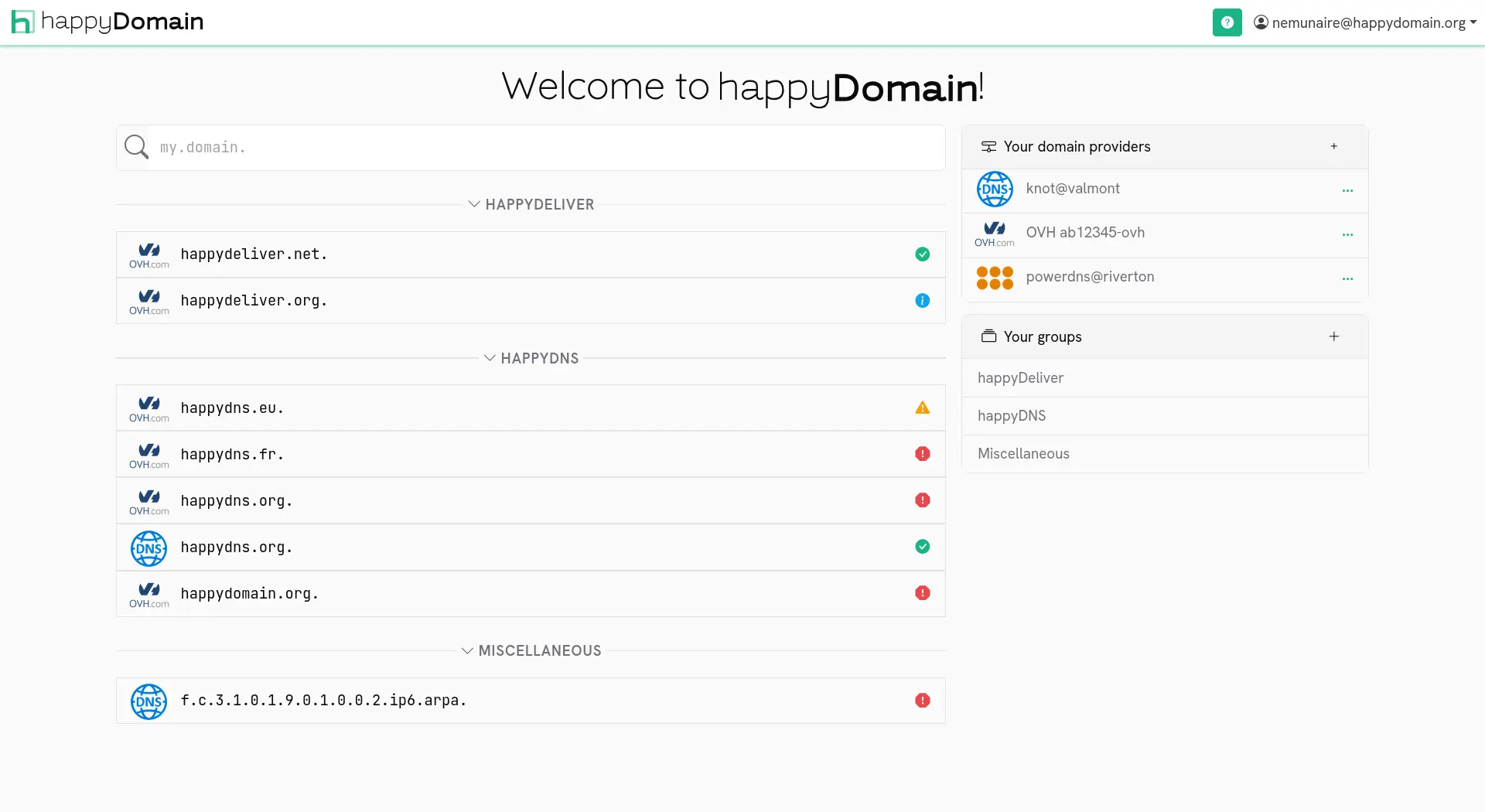 Les domaines gérés par happyDomain