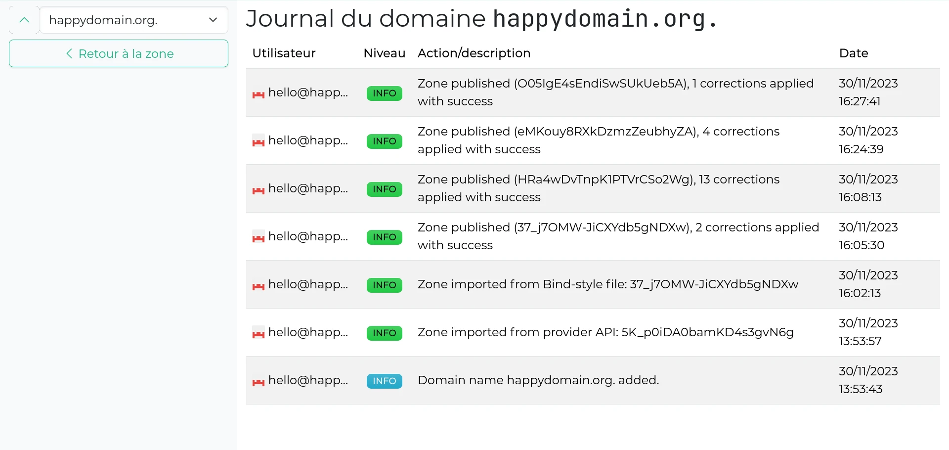 happyDomain logs actions