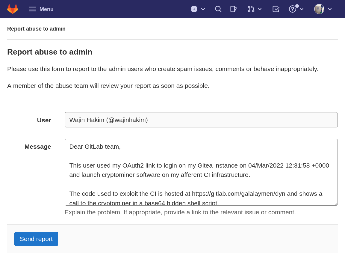 Abuse filled to GitLab