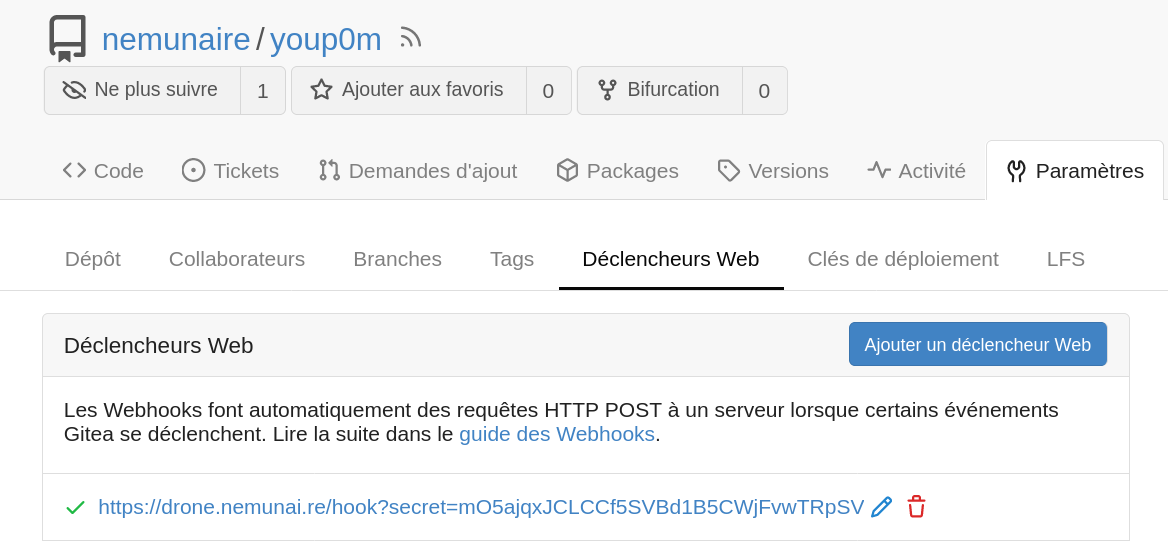 L'onglet des webhooks dans Gitea