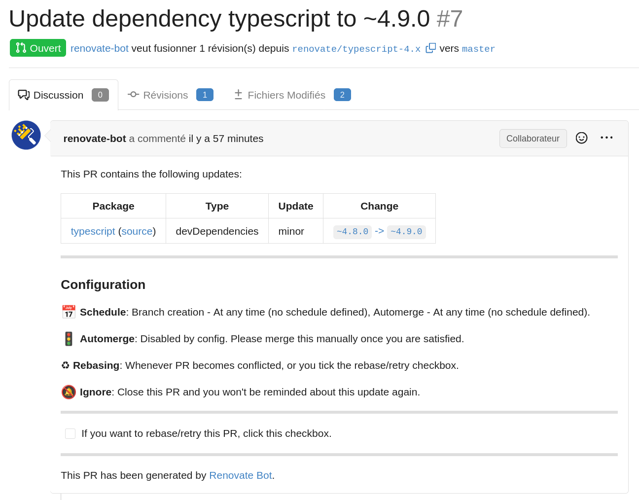 L'activité favorite de renovatebot : créer des pull-requests